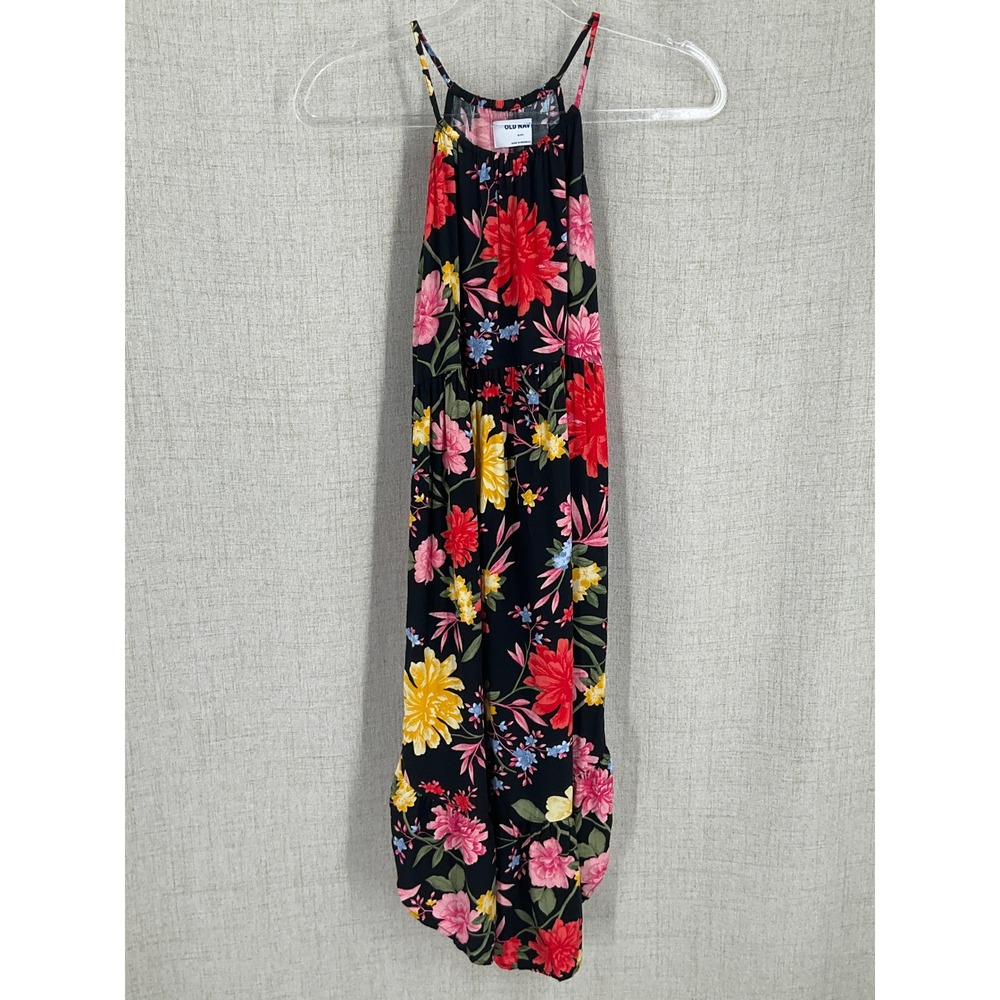 Old Navy Dress Girls XL 14 Black Floral Boho Halter Summer Tropical Sleeveless